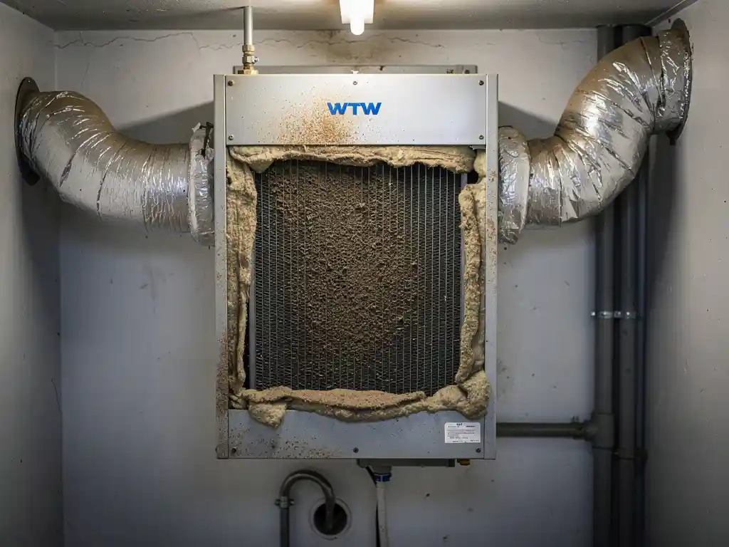 WTW warmteterugwinunit in Nederlandse meterkast met verwijderd frontpaneel, stoffige filters en verouderde schuimrubber afdichtingen zichtbaar.