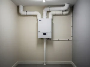 WTW warmteterugwinunit gemonteerd op muurin Nederlandse utiliteitsruimte met witte geïsoleerde kanalen en condensafvoer.