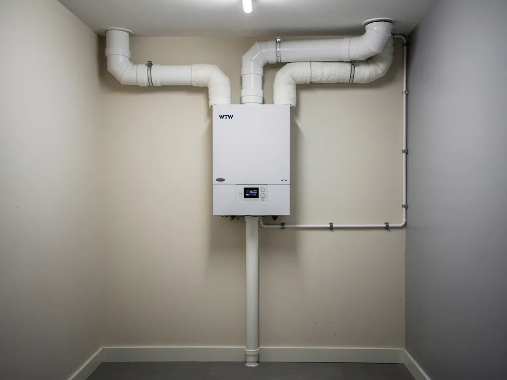 WTW warmteterugwinunit gemonteerd op muurin Nederlandse utiliteitsruimte met witte geïsoleerde kanalen en condensafvoer.