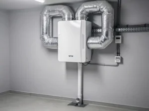 WTW warmteterugwinunit op muurbeugel in technische ruimte, met zilveren geïsoleerde kanalen en condensaatafvoer.