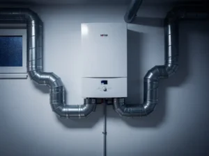 WTW-unit gemonteerd op muur in technische ruimte, met zilveren geïsoleerde kanalen en condensaatafvoer, gefilterd nachtlicht.