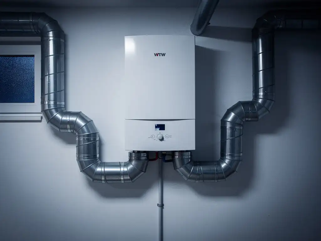 WTW-unit gemonteerd op muur in technische ruimte, met zilveren geïsoleerde kanalen en condensaatafvoer, gefilterd nachtlicht.