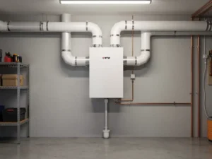 WTW-warmteterugwinunit gemonteerd op muur in technische ruimte, met witte geïsoleerde kanalen en condensaatafvoer.