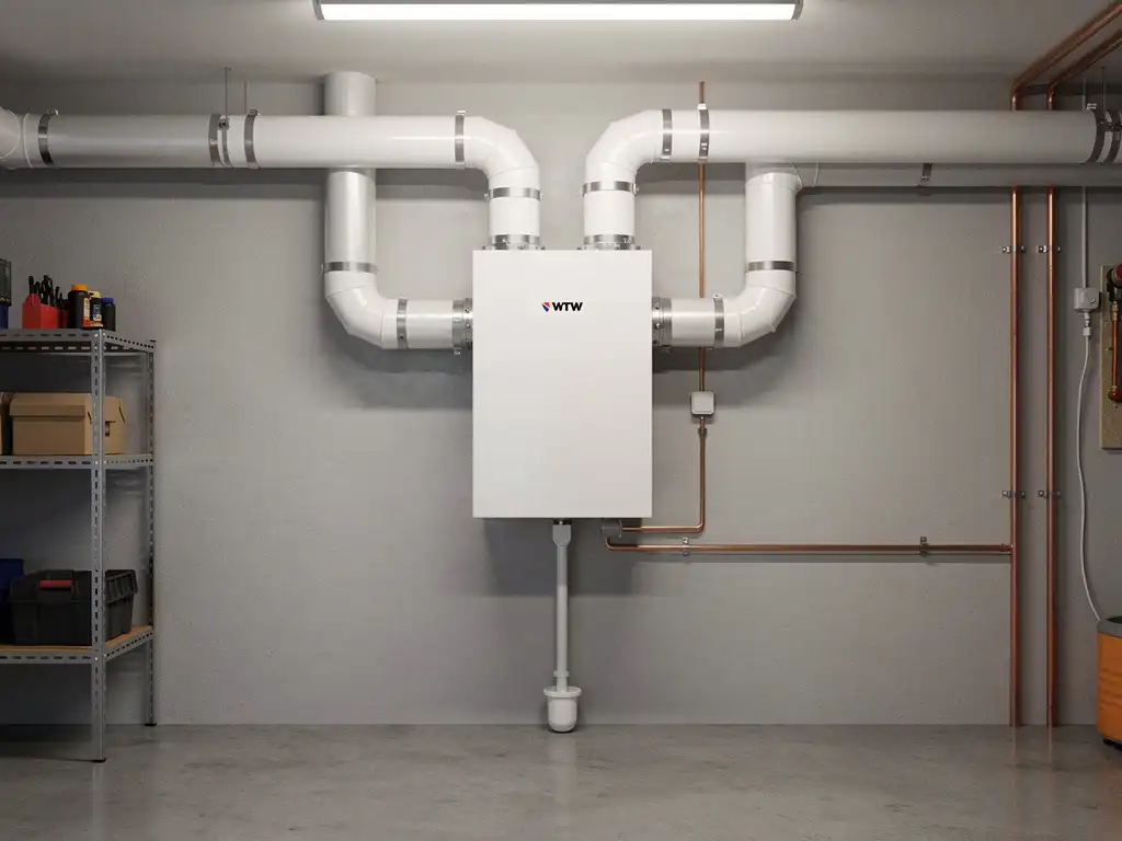 WTW-warmteterugwinunit gemonteerd op muur in technische ruimte, met witte geïsoleerde kanalen en condensaatafvoer.