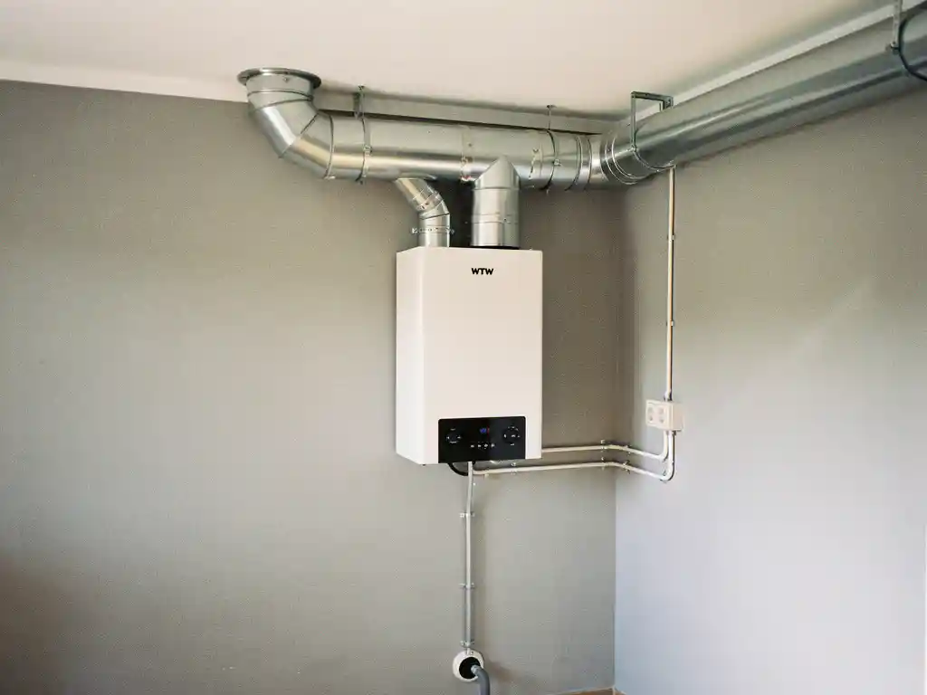 WTW warmteterugwinunit gemonteerd op muur in technische ruimte, met geïsoleerde zilveren kanalen naar het plafond en condensafvoer.