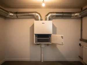 WTW warmteterugwinunit in een Nederlandse bijkeuken met zilveren leidingen, open filtercompartiment en condensafvoer.