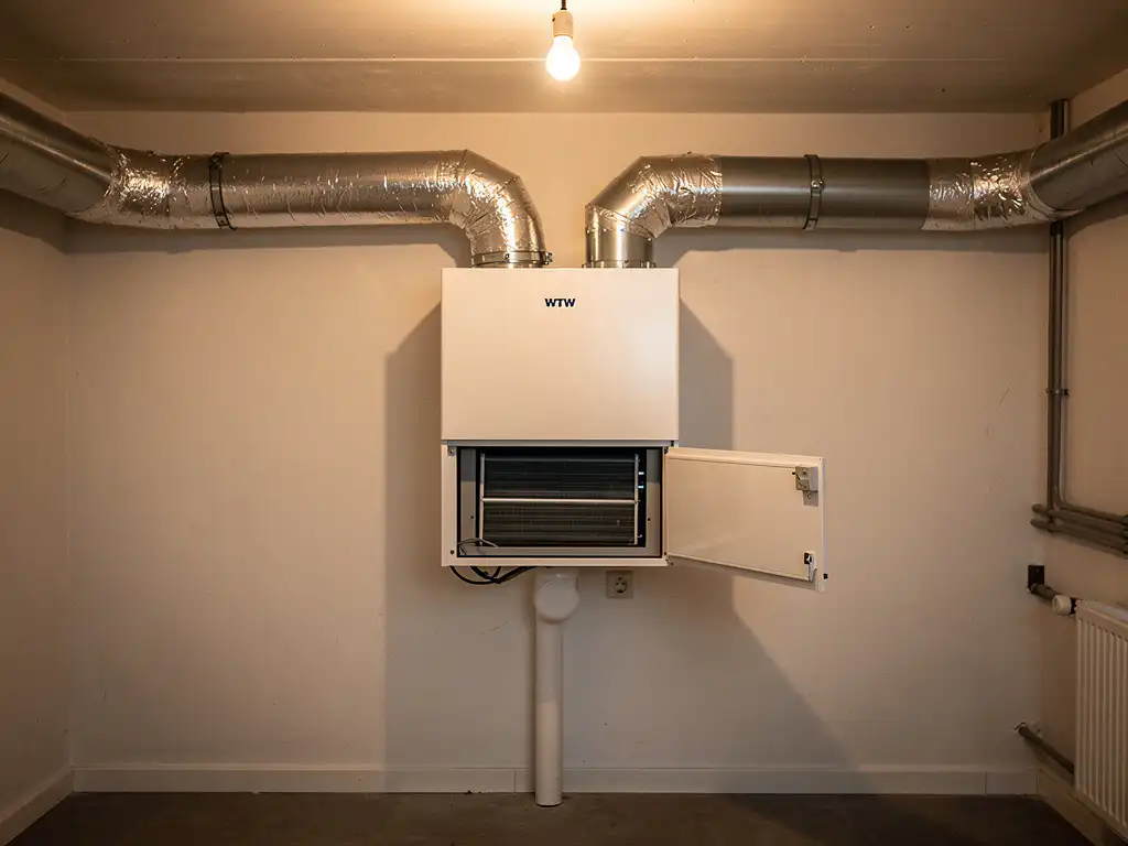 WTW warmteterugwinunit in een Nederlandse bijkeuken met zilveren leidingen, open filtercompartiment en condensafvoer.