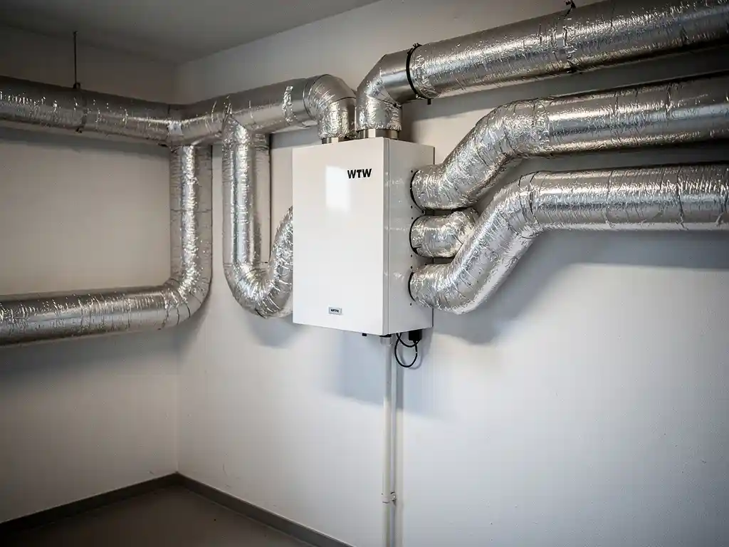 WTW warmteterugwinunit gemonteerd op muurwand in Nederlandse technische ruimte, met zilveren geïsoleerde luchtkanalen en condensafvoer.