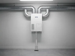 WTW warmteterugwinunit op muurbeugel in technische ruimte, met zilveren geïsoleerde kanalen en condensaatafvoer zichtbaar.