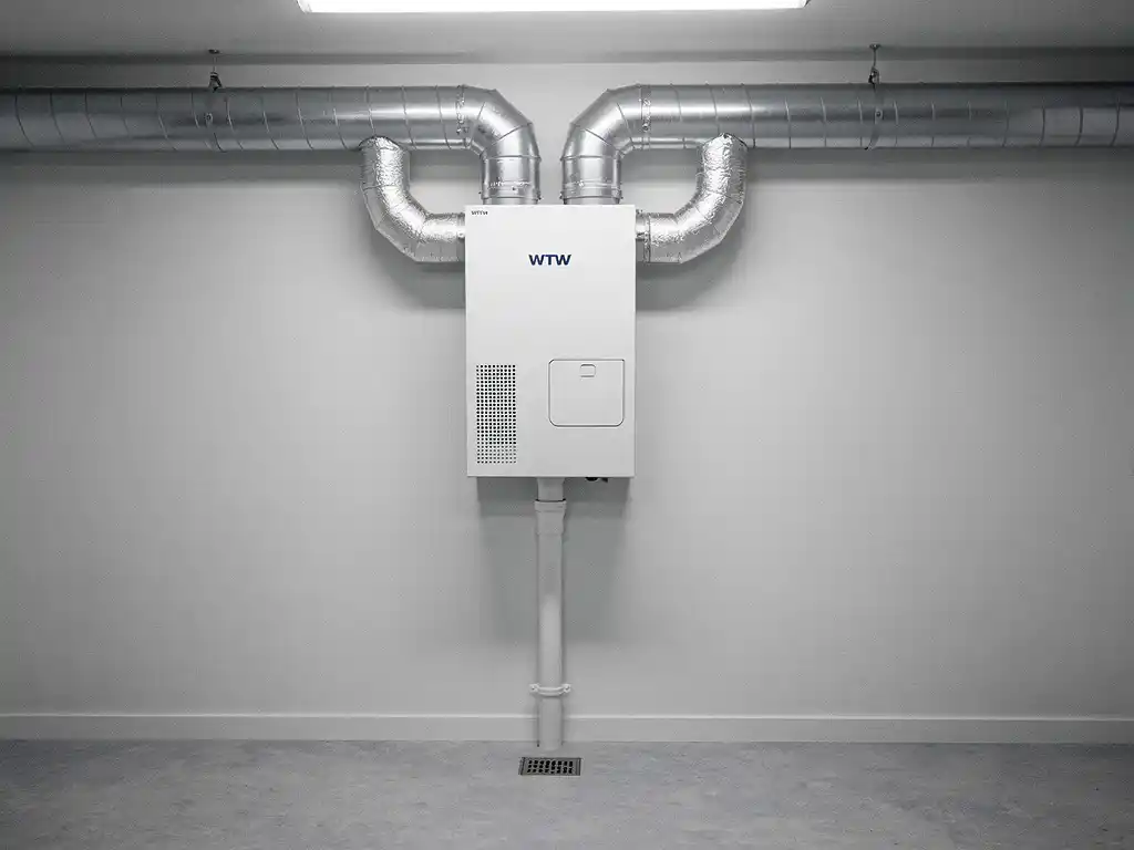 WTW warmteterugwinunit op muurbeugel in technische ruimte, met zilveren geïsoleerde kanalen en condensaatafvoer zichtbaar.