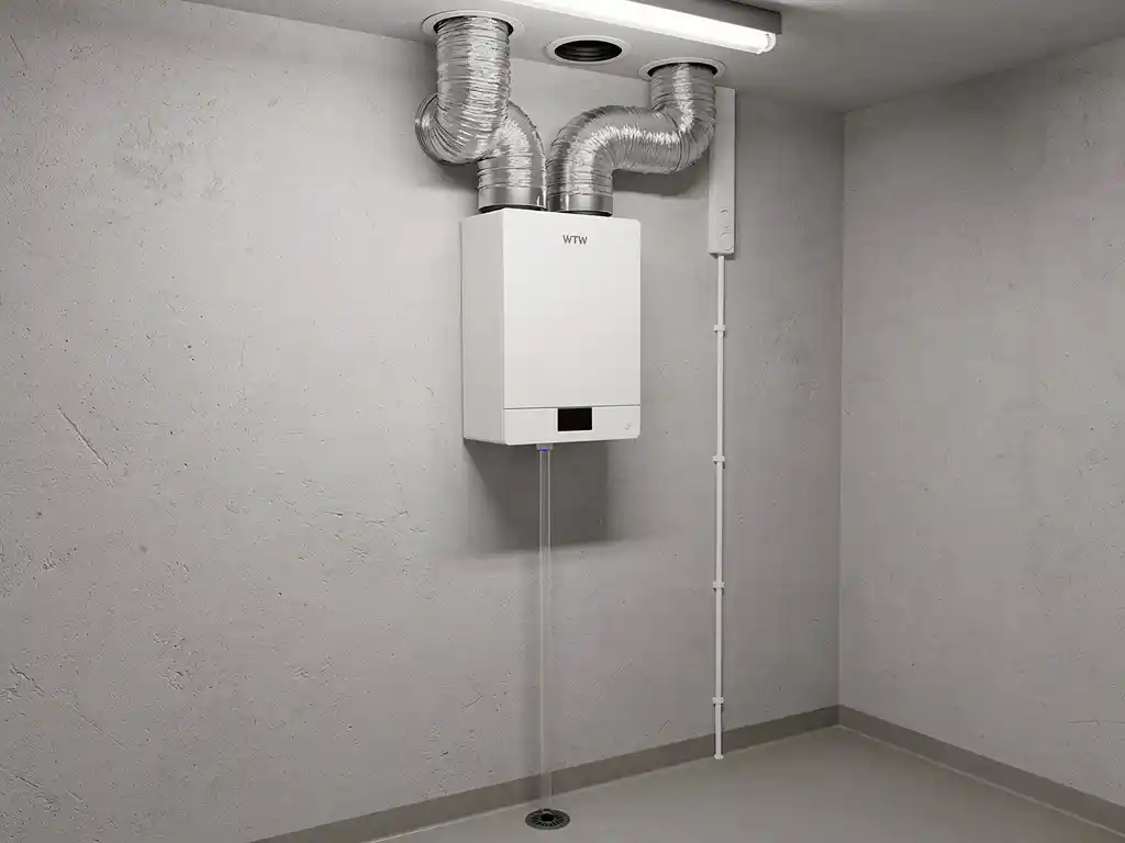 WTW warmteterugwinunit op muur in technische ruimte, aangesloten met zilveren flexibele luchtkanalen en condensaatafvoer.