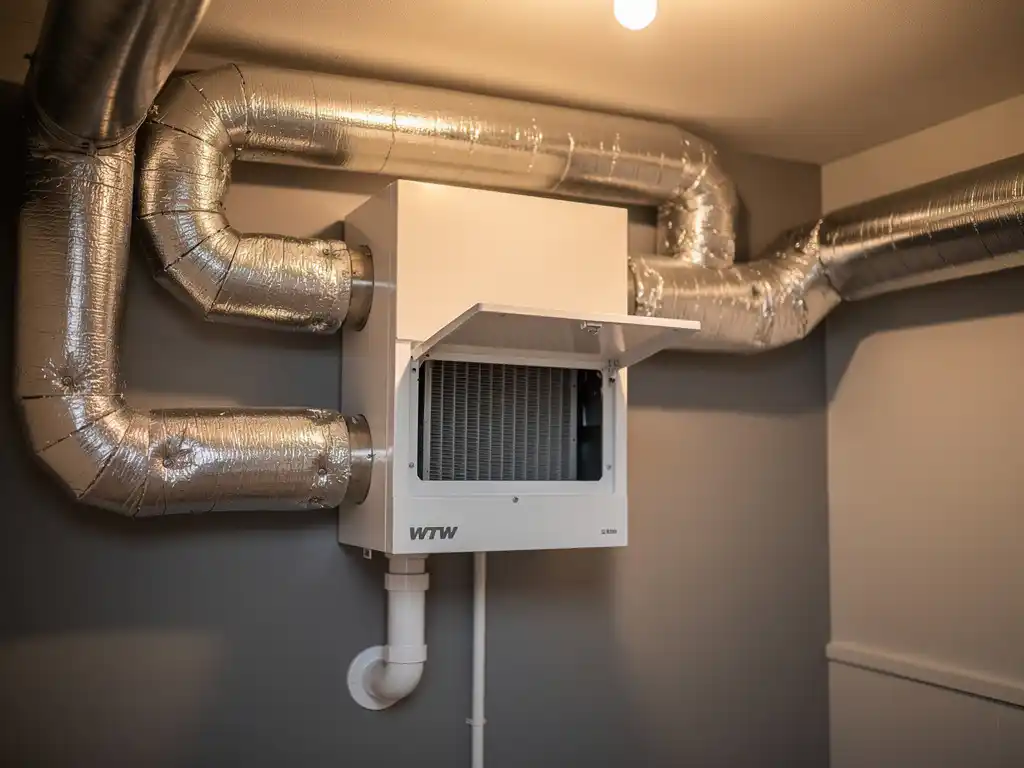 WTW warmteterugwinunit aan muurbevestigd in technische ruimte, zilveren geïsoleerde kanalen, condensaatafvoer en open filtercompartiment zichtbaar.