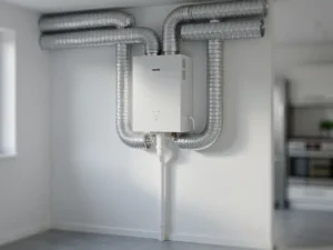 WTW warmteterugwinunit aan muur in technische ruimte met zilveren flexibele kanalen en witte condensaatafvoer.