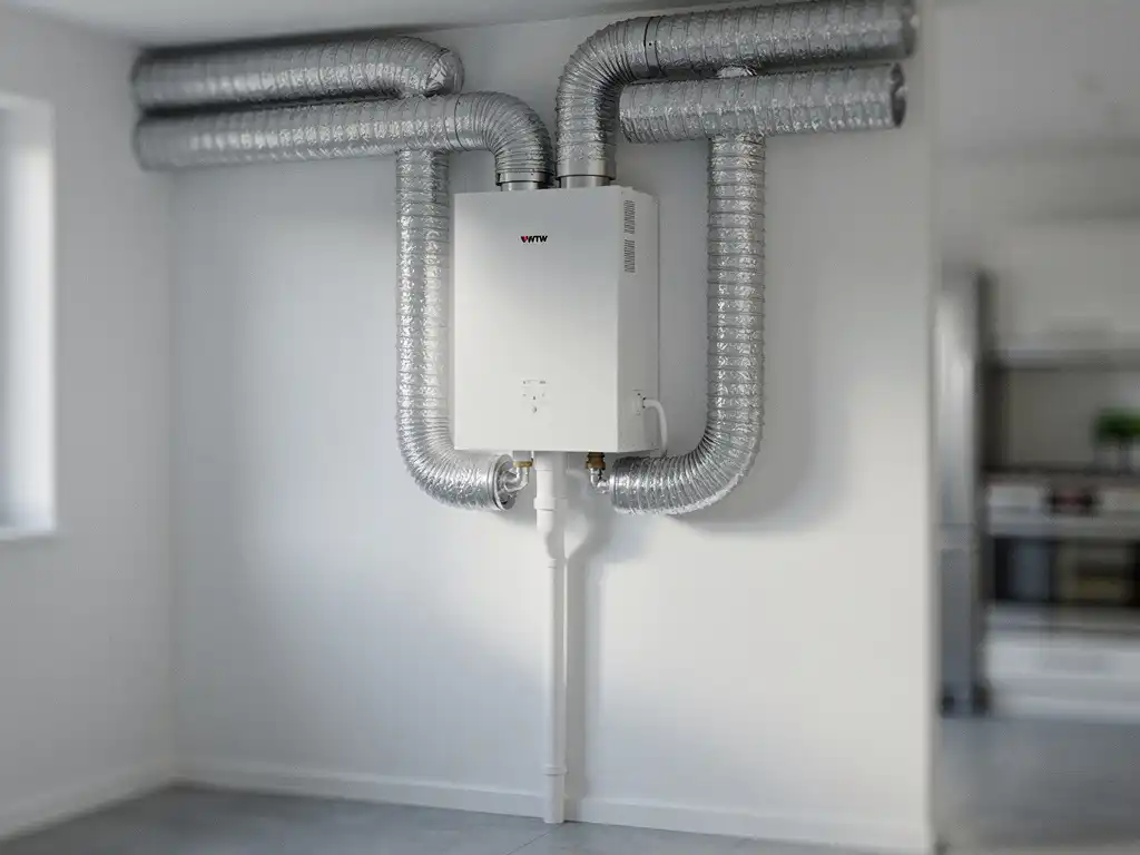 WTW warmteterugwinunit aan muur in technische ruimte met zilveren flexibele kanalen en witte condensaatafvoer.