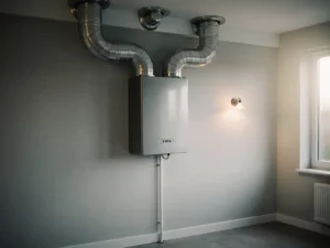 WTW warmteterugwinunit aan muurwand in technische ruimte met zilveren flexibele luchtkanalen en witte condensaatafvoer.