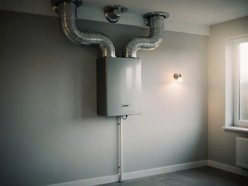 WTW warmteterugwinunit aan muurwand in technische ruimte met zilveren flexibele luchtkanalen en witte condensaatafvoer.