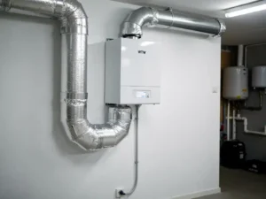 Wit WTW-warmteterugwinningsunit aan muurbeugel in Nederlandse bijkeuken, met zilveren geïsoleerde luchtkanalen en condensafvoer.