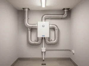 WTW-warmteterugwinunit gemonteerd op muur in technische ruimte, met zilveren geïsoleerde kanalen, condensafvoer en netjes weggewerkte elektrische kabel.