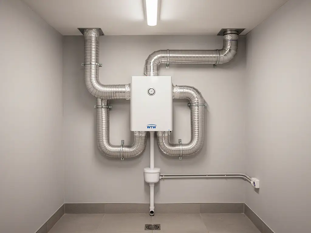 WTW-warmteterugwinunit gemonteerd op muur in technische ruimte, met zilveren geïsoleerde kanalen, condensafvoer en netjes weggewerkte elektrische kabel.