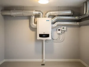 Witte WTW-warmteterugwinunit aan muurbeugel in technische ruimte, met zilveren geïsoleerde kanalen en condensafvoerbuis.