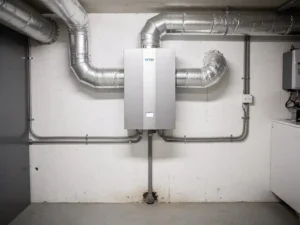 WTW-warmteterugwinunit aan muurbeugel in technische ruimte, met zilveren geïsoleerde luchtkanalen en condensafvoer.
