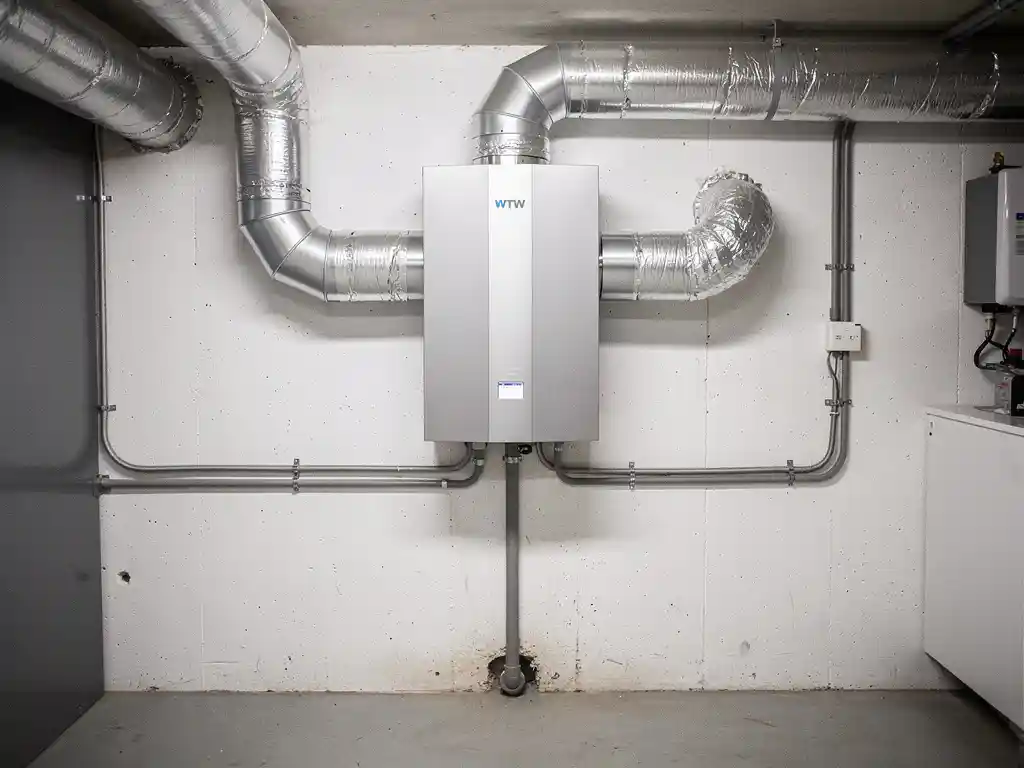 WTW-warmteterugwinunit aan muurbeugel in technische ruimte, met zilveren geïsoleerde luchtkanalen en condensafvoer.
