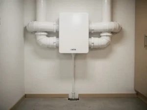 WTW warmteterugwinunit op muurbeugel in technische ruimte, met symmetrisch vertakkende witte geïsoleerde kanalen en condensaatafvoer.