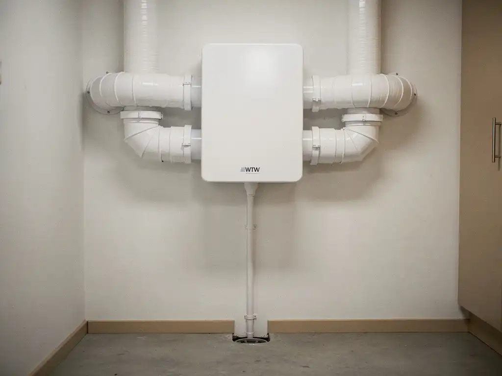 WTW warmteterugwinunit op muurbeugel in technische ruimte, met symmetrisch vertakkende witte geïsoleerde kanalen en condensaatafvoer.