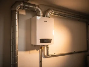 WTW warmteterugwinunit aan muurwand in technische ruimte, met zilveren geïsoleerde kanalen en condensaatafvoer.