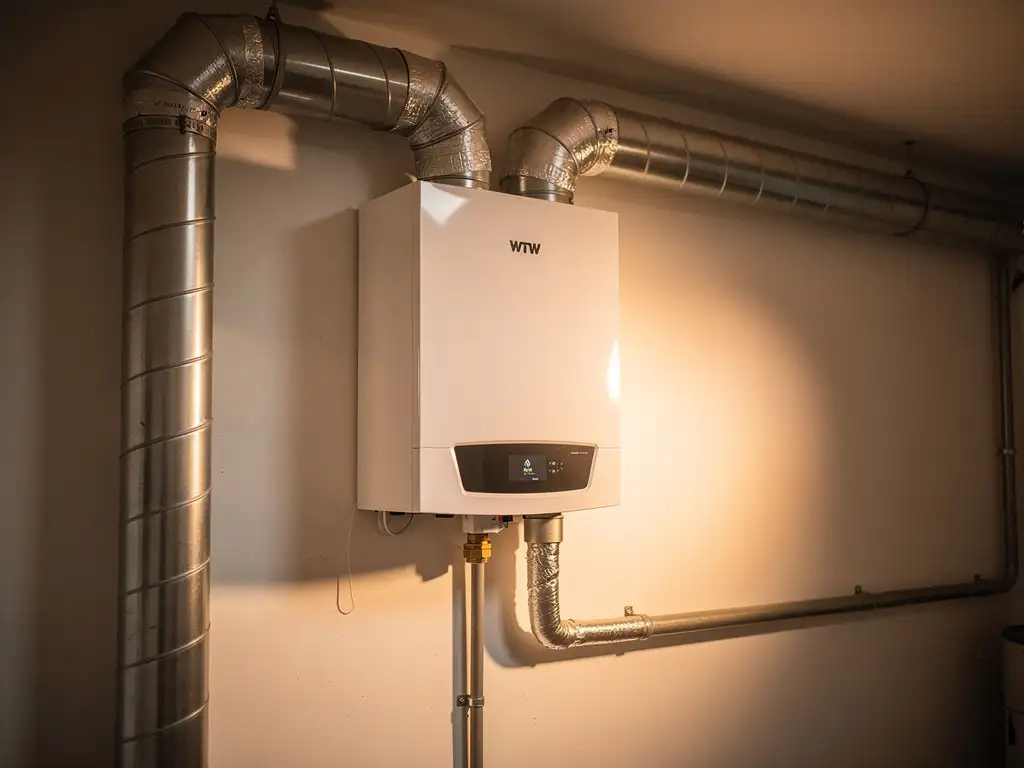 WTW warmteterugwinunit aan muurwand in technische ruimte, met zilveren geïsoleerde kanalen en condensaatafvoer.
