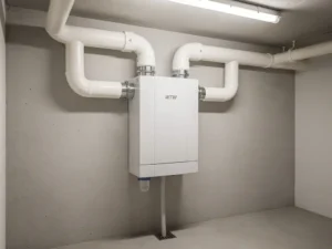 WTW-unit gemonteerd op muur in technische ruimte, met witte geïsoleerde kanalen en condensafvoerbuis, moderne woning.