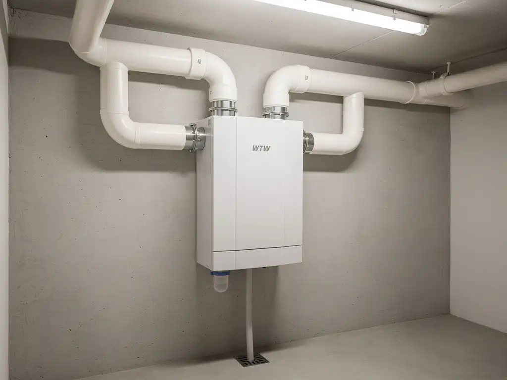 WTW-unit gemonteerd op muur in technische ruimte, met witte geïsoleerde kanalen en condensafvoerbuis, moderne woning.