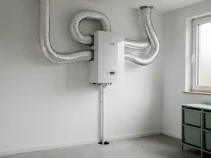 Witte WTW-unit aan muurbeugel in Nederlandse bijkeuken met zilveren geïsoleerde luchtkanalen en condensafvoer.