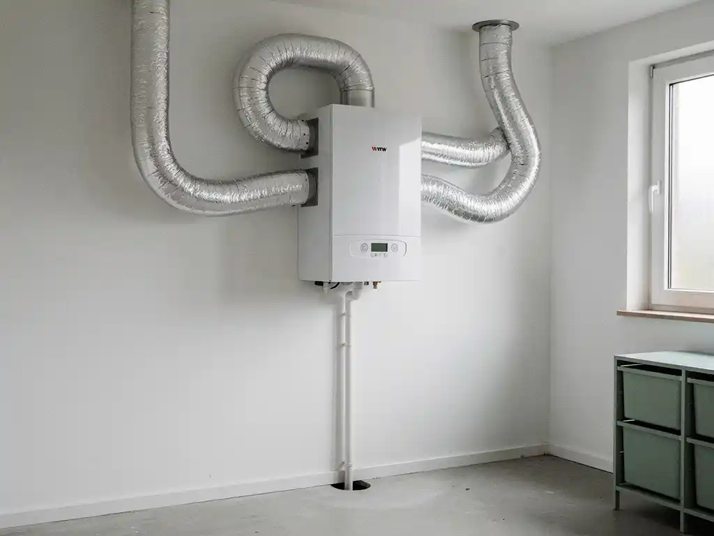 Witte WTW-unit aan muurbeugel in Nederlandse bijkeuken met zilveren geïsoleerde luchtkanalen en condensafvoer.
