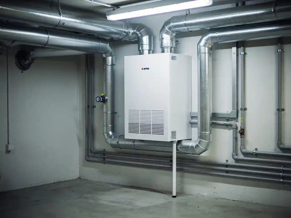 WTW-unit gemonteerd aan muurwand in technische ruimte, met zilveren geïsoleerde kanalen en condensaatafvoer zichtbaar.