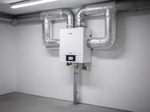 WTW warmteterugwinunit op muur in technische ruimte met zilveren geïsoleerde kanalen en condensafvoer zichtbaar.