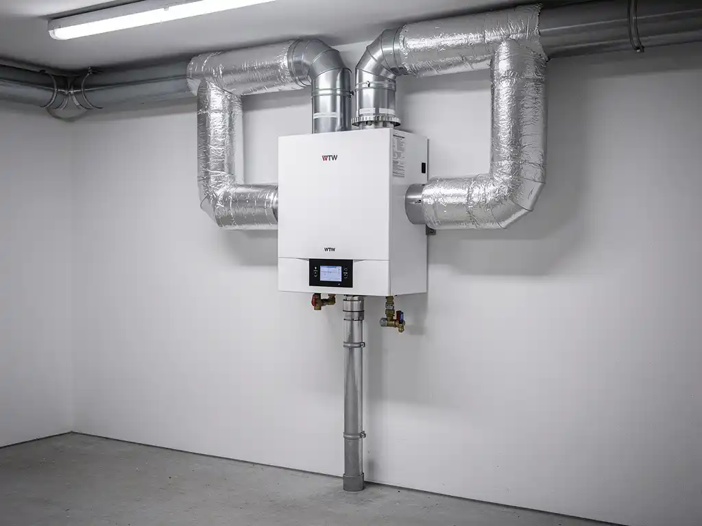 WTW warmteterugwinunit op muur in technische ruimte met zilveren geïsoleerde kanalen en condensafvoer zichtbaar.