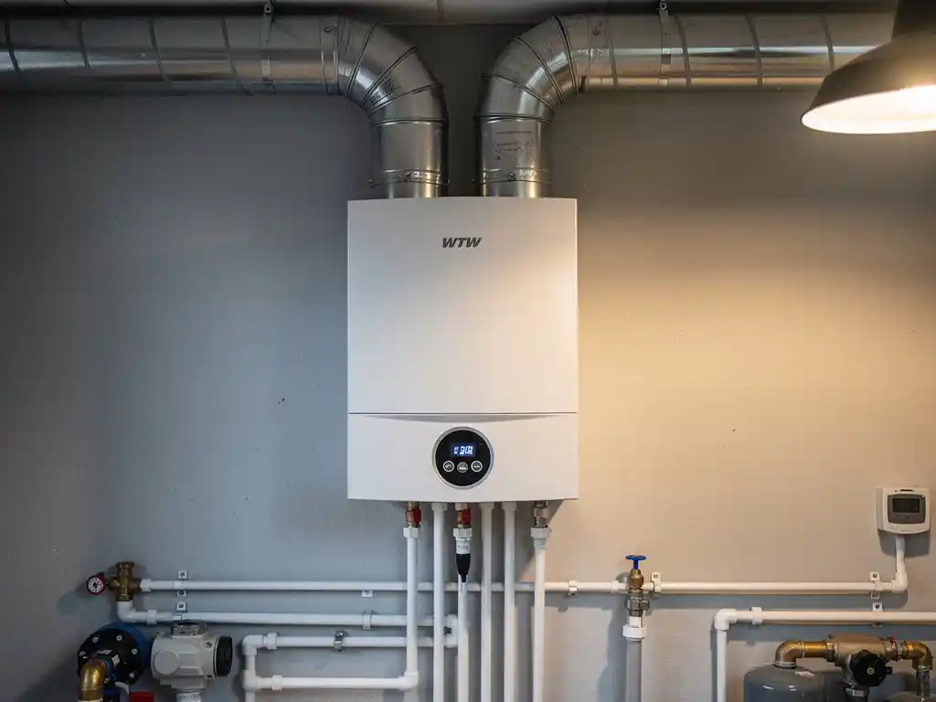 WTW warmteterugwinunit gemonteerd op muur van technische ruimte, met symmetrisch vertakkende zilveren isolatiekanalen naar het plafond.