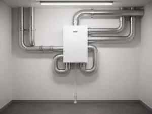 WTW warmteterugwinunit op meterkastmuur in Nederlandse woning met zilveren geïsoleerde leidingen en condensafvoer.