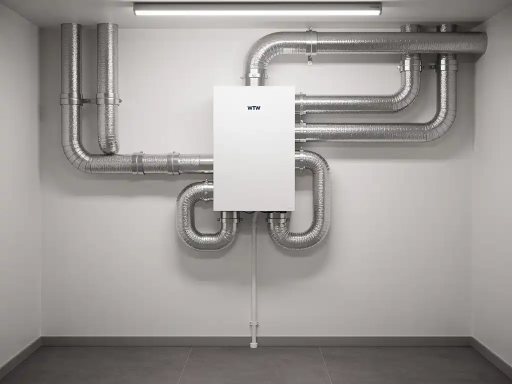 WTW warmteterugwinunit op meterkastmuur in Nederlandse woning met zilveren geïsoleerde leidingen en condensafvoer.