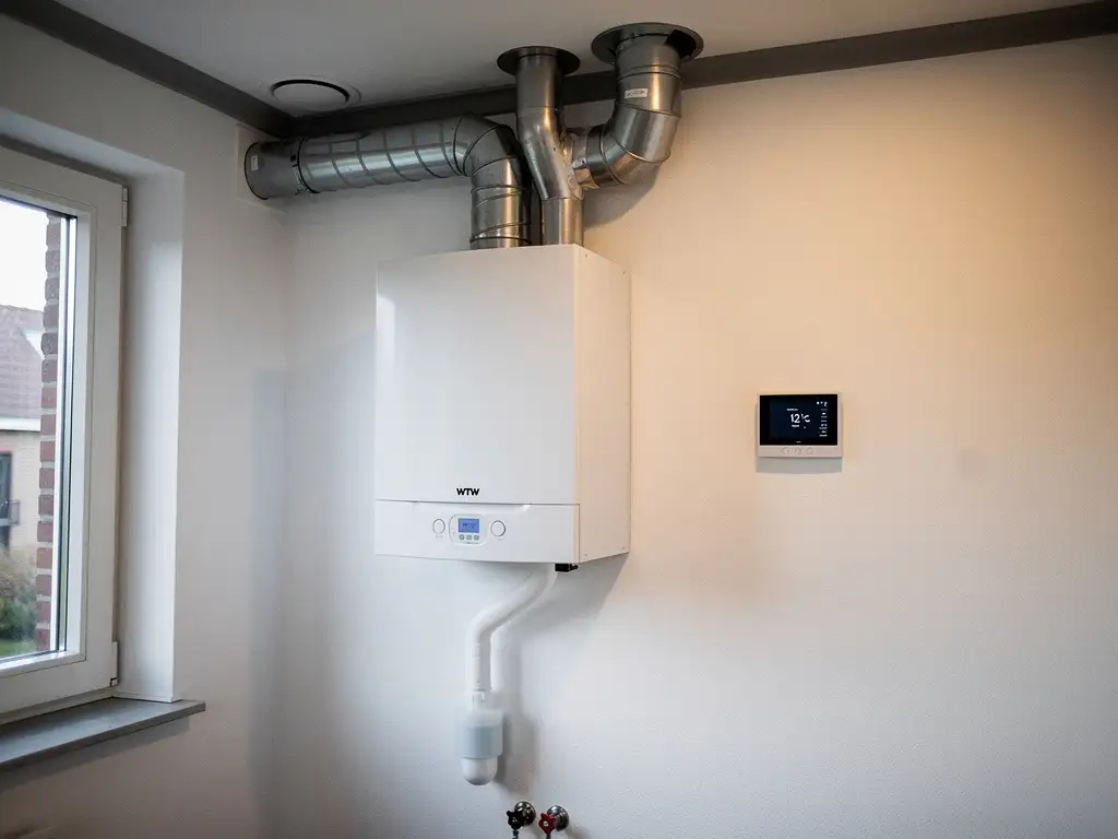 Wit WTW-warmteterugwinningstoestel in een Nederlandse bijkeuken met zilveren geïsoleerde kanalen, condensafvoer en slim thermostaat.