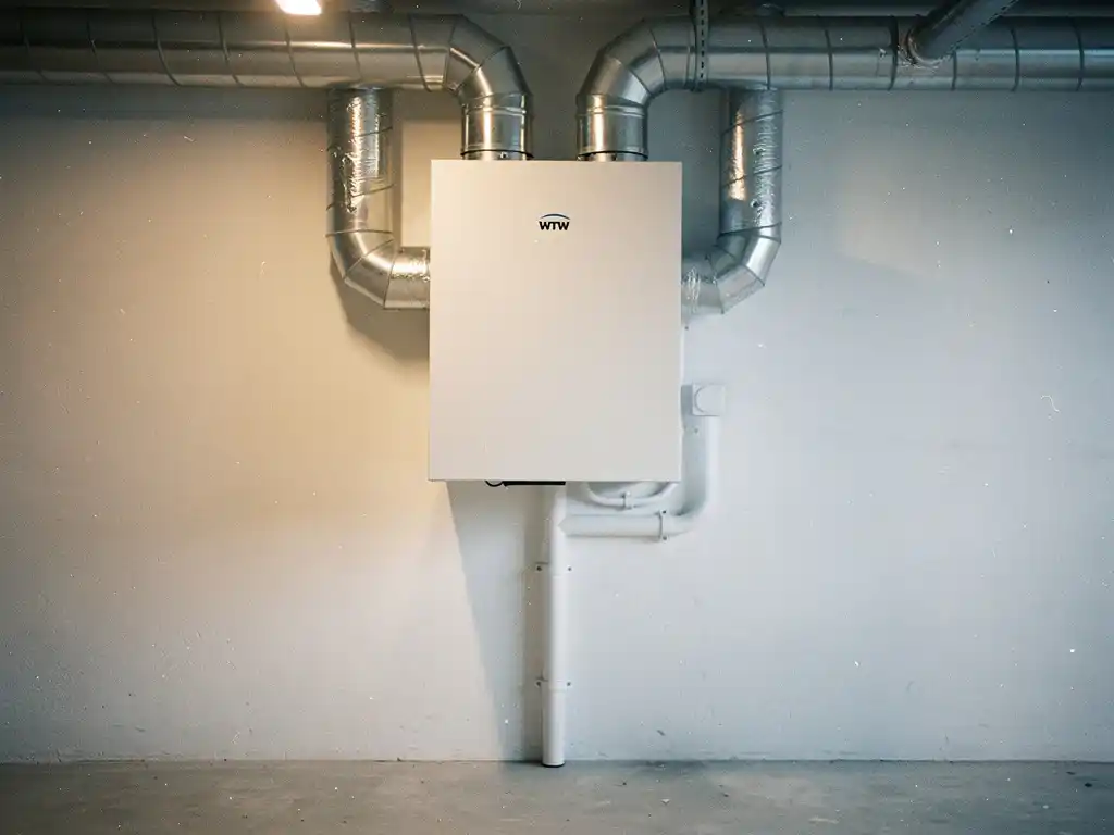 Witte WTW warmteterugwinunit aan muurwand in technische ruimte, met zilveren geïsoleerde kanalen en condensafvoer.