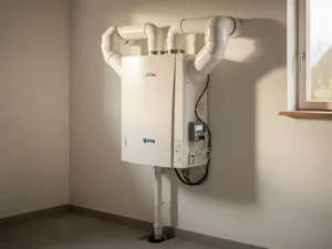 WTW warmteterugwinunit gemonteerd op muurin Nederlandse bijkeuken, witte geïsoleerde kanalen en condensafvoer zichtbaar.