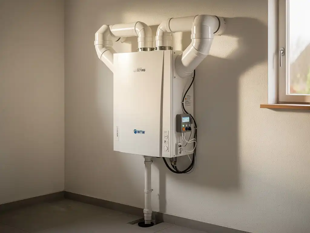 WTW warmteterugwinunit gemonteerd op muurin Nederlandse bijkeuken, witte geïsoleerde kanalen en condensafvoer zichtbaar.