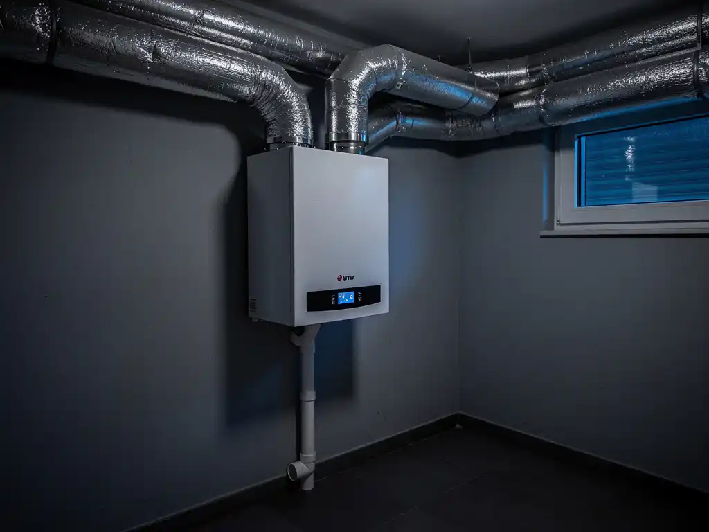 WTW warmteterugwinunit in Nederlandse meterkast met zilveren geïsoleerde kanalen en condensaatafvoer, nachtelijke blauwe sfeerverlichting.