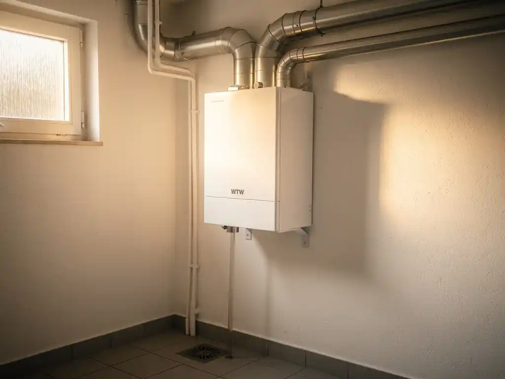 WTW warmteterugwinunit in Nederlandse bijkeuken met zilveren geïsoleerde luchtkanalen en condensaatafvoer, warm middaglicht.