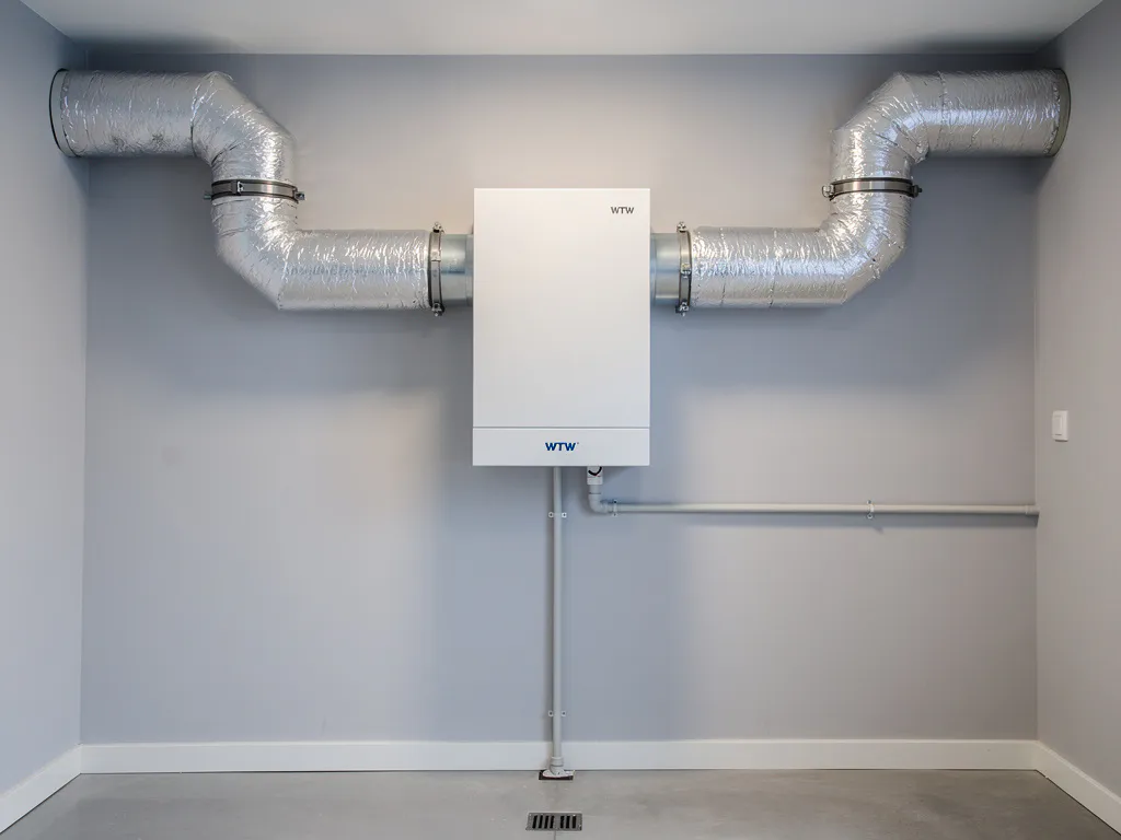 Witte WTW-unit gemonteerd in een Nederlandse technische ruimte met zilveren geïsoleerde kanalen en condensafvoer langs de wand.