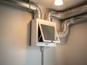 WTW warmteterugwinunit op muurbevestiging in meterkast, met zilveren geïsoleerde luchtkanalen en zichtbare condensaatafvoer.