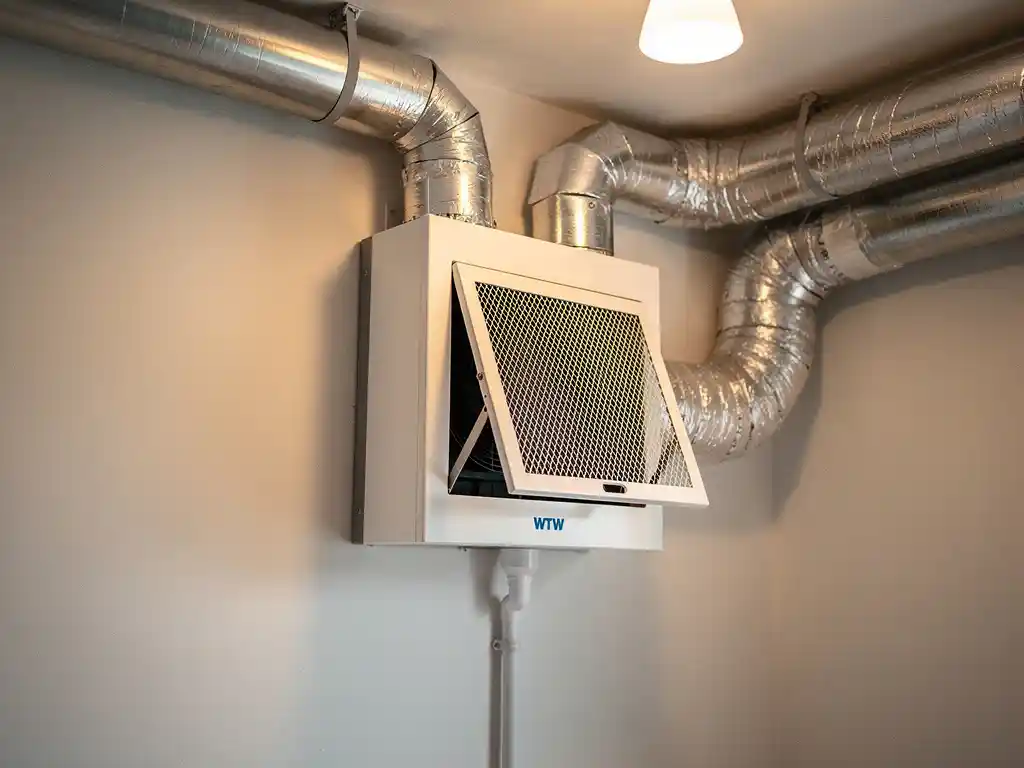 WTW warmteterugwinunit op muurbevestiging in meterkast, met zilveren geïsoleerde luchtkanalen en zichtbare condensaatafvoer.