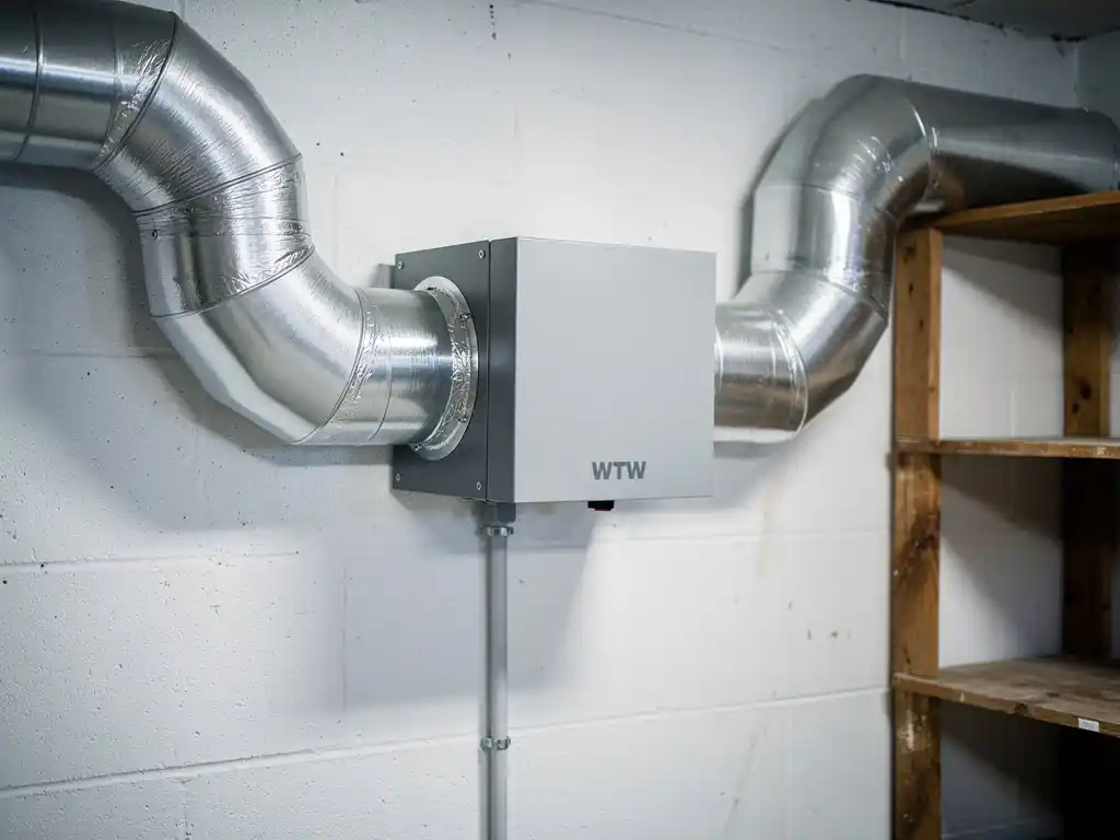 WTW warmteterugwinunit aan muurbevestigd in technische ruimte, met zilveren geïsoleerde luchtkanalen en condensafvoer.